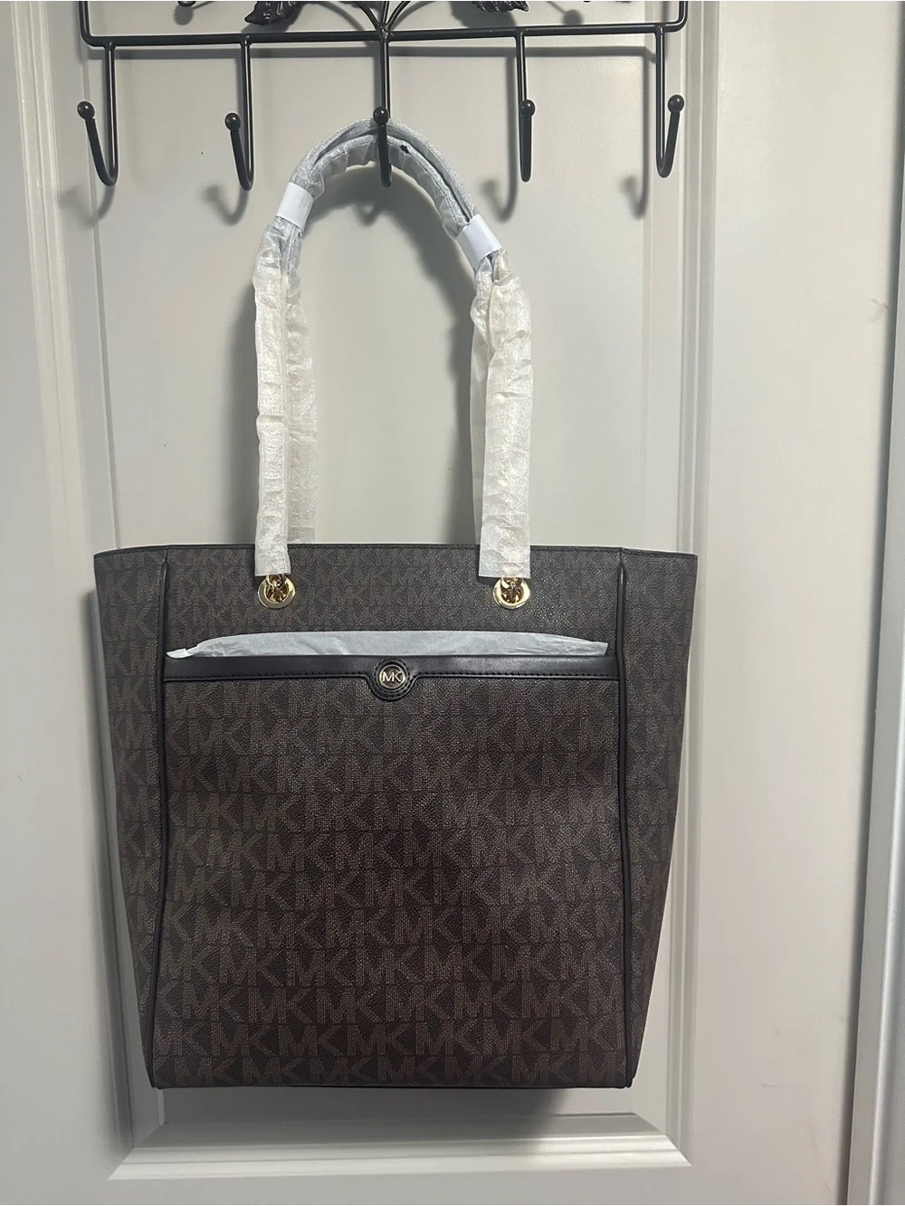 Michael Kors Brown MK Monogram Tote with Gold-Tone Hardware